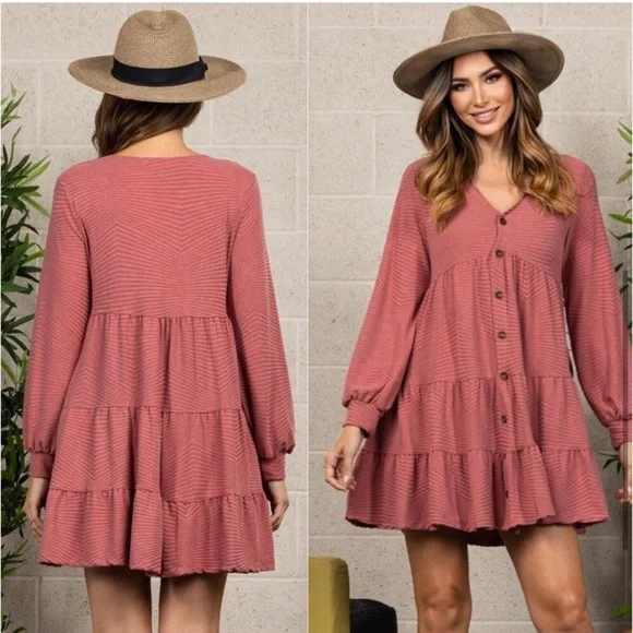 LAST ONE: USA Made Marsala babydoll women’s button front detail fall dress - Picture 3 of 4